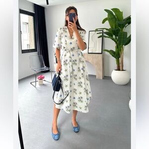 Zara Palm Print Belted Midi Dress Size NWT ZW Collection